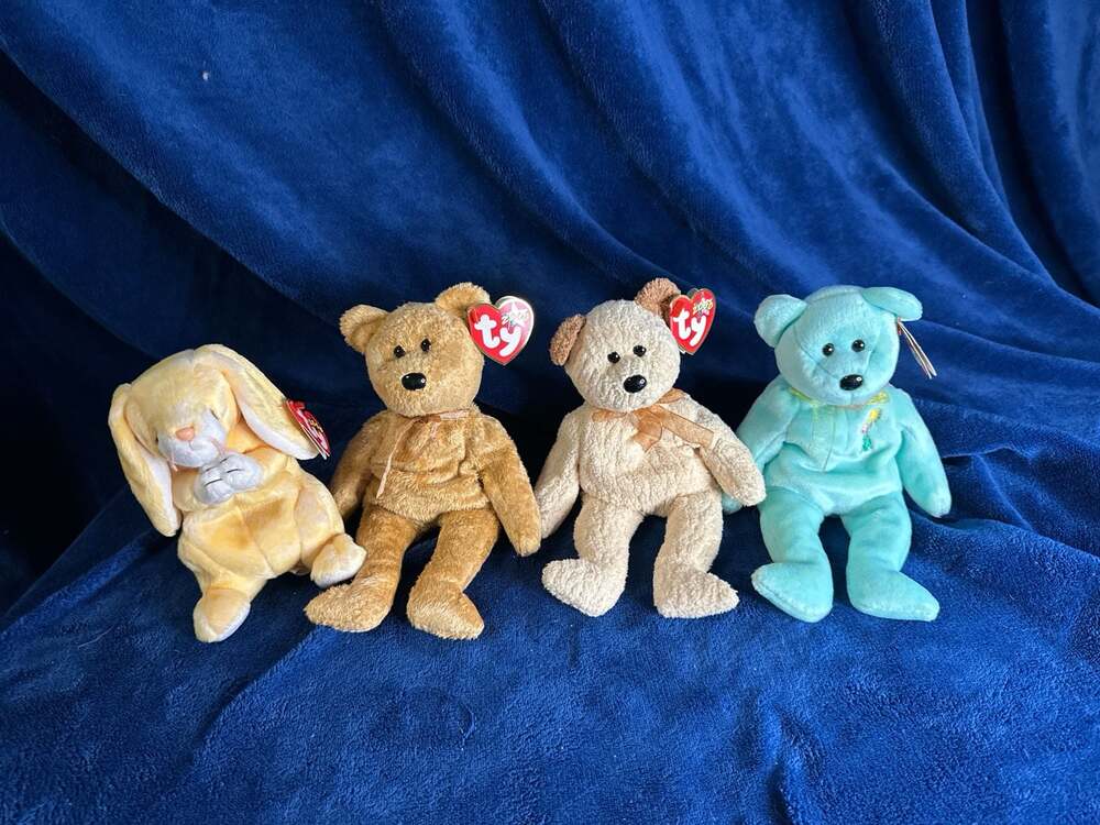 Ty Beanie Babies Lot of 4: Grace Bunny, Cashew Bear, Pecan Bear, Ariel Bear